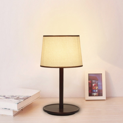 Minimal 1 Head Wood Nightstand Light Beige/Dark Brown Tapered Drum Table Lamp with Fabric Shade