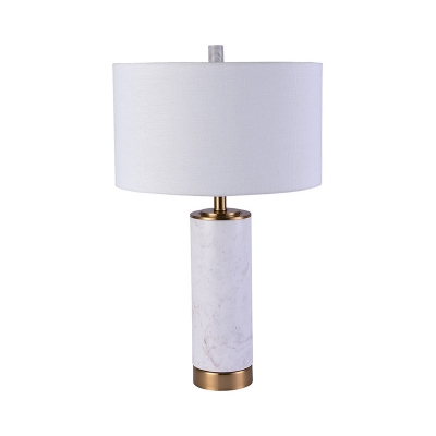 Minimalist 1 Head Table Lamp White Drum Nightstand Light with Fabric Shade and Marble Base