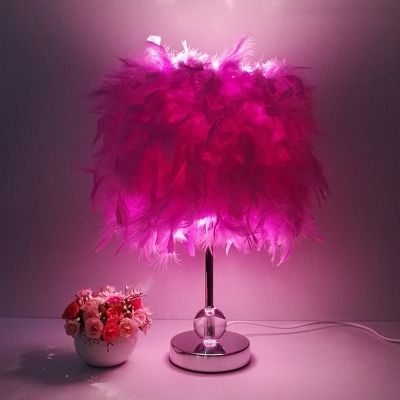 Red/Pink/Purple Cylindrical Night Light Modern Romantic 1-Light Feather Table Lamp for Bedroom