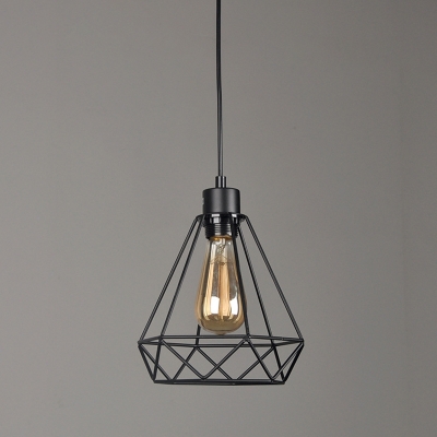 Retro Diamond Caged Pendant Lighting Single-Bulb Iron Hanging Ceiling Light in Black