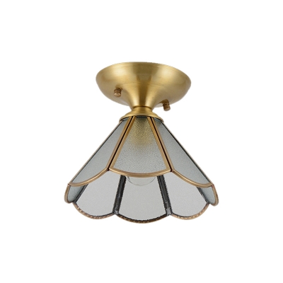 Scalloped Cone Shade Corridor Flush Light Traditional Frosted Glass 1 Bulb Brass Ceiling Mount Lamp