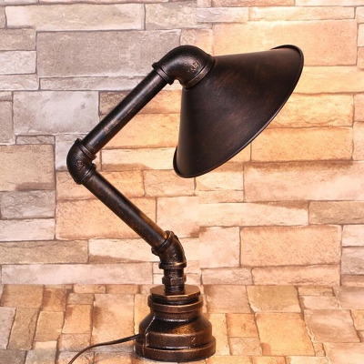 Single-Bulb Conic Table Lamp Industrial Bronze Iron Nightstand Light with Piping Arm