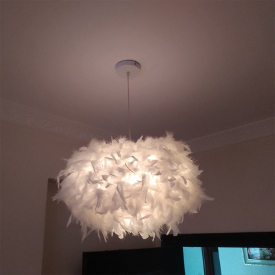 White Oval Pendant Light Fixture Contemporary 1 Head Feather Suspension Lighting for Living Room, 18