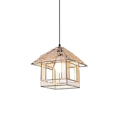 1 Head Dining Room Pendulum Light Asia Beige Pendant Lighting with Spiral/House/Hat Bamboo Shade