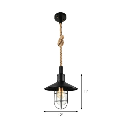 1-Light Barn/Bowl/Saucer Pendant Lamp Industrial Black Iron Ceiling Suspension Lamp with Hemp Rope