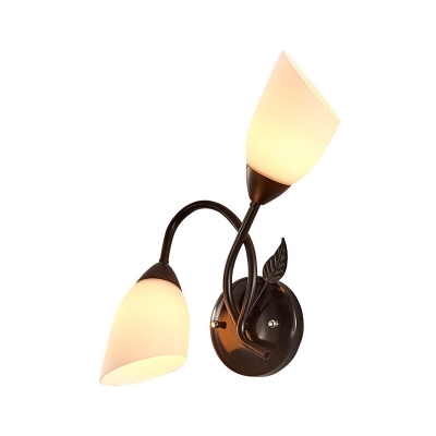2-Head Tulip Flower Wall Light Kit Traditional Black/Gold Opal Frosted Glass Wall Mount Lighting for Bedroom