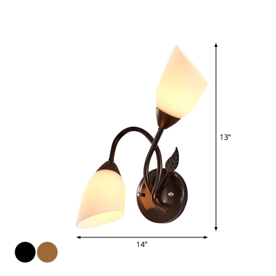 2-Head Tulip Flower Wall Light Kit Traditional Black/Gold Opal Frosted Glass Wall Mount Lighting for Bedroom