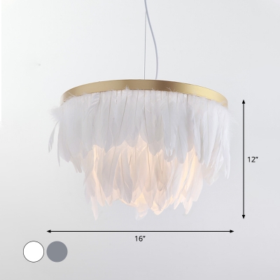 2-Tiered Tapered Pendant Light Fixture Nordic Feather 1 Head Blue/White and Gold Hanging Lamp