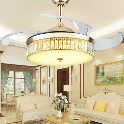 4-Blade Drum Hanging Fan Lamp Modern Crystal Embedded Gold LED Semi Flush Mounted Light, 19