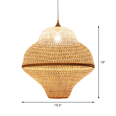 Asia 1 Bulb Pendant Lighting Beige Hand-Twisted Inverted Basket Hanging Lamp with Bamboo Shade