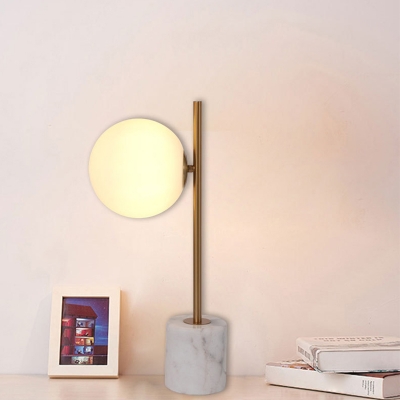 Ball Bedside Table Light White Glass Single-Bulb Minimalist Nightstand Lamp in Brass