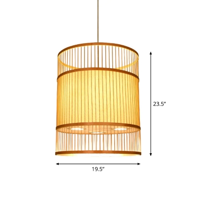 Barrel Shaped Restaurant Drop Lamp Bamboo 1 Bulb Contemporary Commercial Pendant Lighting in Beige