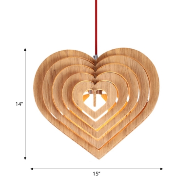 Beige Concentric Heart Drop Pendant Romantic Modern 1 Head Wood Hanging Ceiling Light