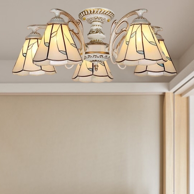 Beige Lily Ceiling Mounted Fixture Tiffany 5/6/8 Lights Stained Glass Semi Flush Light