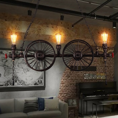 Black 2/3/4-Light Island Lighting Industrial Iron Plumbing Pipe Pendant Lamp with Decorative Wheel and Chain
