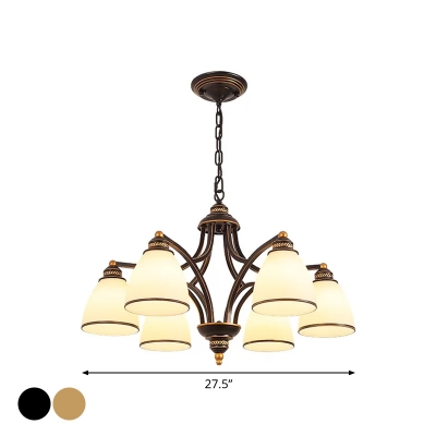 Black/Gold 6/8 Heads Chandelier Lamp Vintage White Glass/Clear Crystal Bell/Cylinder Hanging Light Kit for Living Room