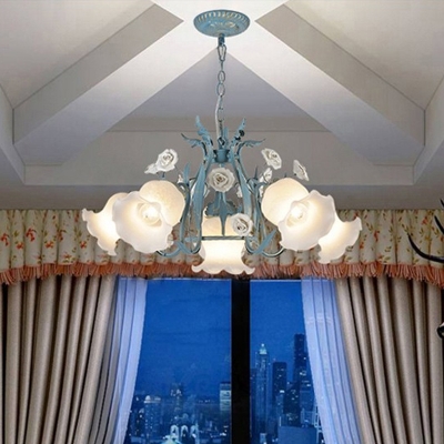 Blossom Bedroom Ceiling Chandelier Korean Flower Frosted Glass 4/6/9 Lights Blue Ceiling Suspension Lamp