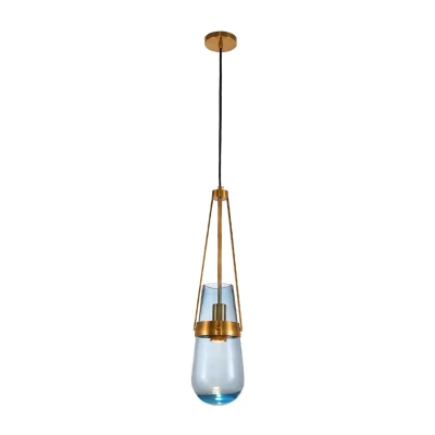 Blue/Clear Glass Droplet Pendant Light Mid-Century 1 Bulb Ceiling Suspension Lamp with Gold Bracket