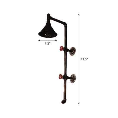 Bronze Conical Wall Lamp Rustic Wrought Iron 1-Light Bronze Wall Mount Light with Valve and Curved Pipe Arm