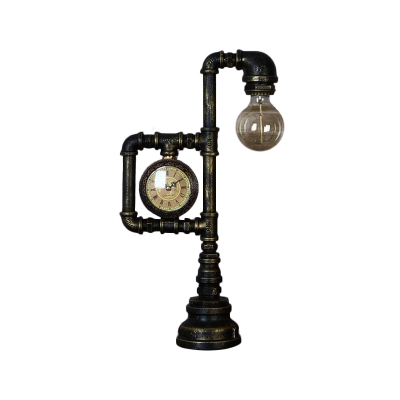 Bronze Iron Table Light Pipe Clock 1 Light Industrial Style Nightstand Lamp for Sitting Room