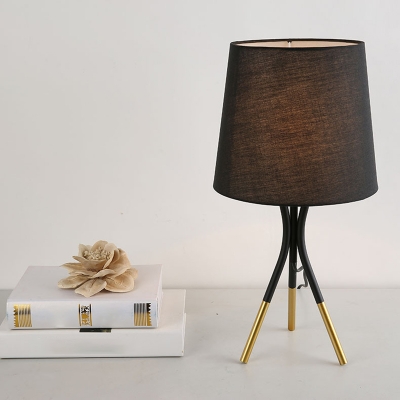 Conic Fabric Nightstand Light Nordic 1-Bulb Black/White and Gold Tri-Leg Table Lamp for Bedroom