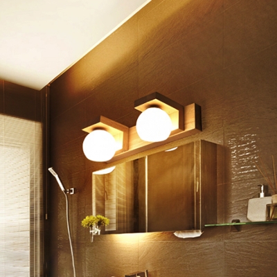 Dome Milky Glass Vanity Lighting Modern 2/3 Lights Beige Wall Mounted Lamp with Linear Wooden Backplate
