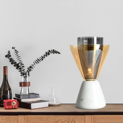 Dual-Shaded Night Stand Lamp Postmodern Amber and Smoke Glass 1 Head White Hourglass Table Light