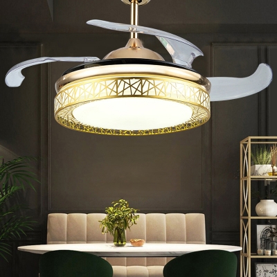 Gold Nest Round LED Semi Flush Light Postmodern Metal 4-Blade Pendant Fan Lamp for Bedroom, 19