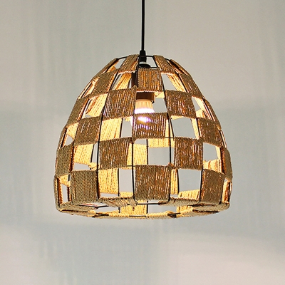 Hut/Cloche/Globe Ceiling Hang Light Asian Rattan 1 Head White Hollowed out Suspension Pendant over Table
