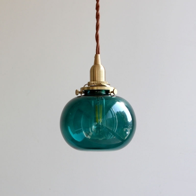 Mid-Century Oval Hanging Light Kit Blue/Clear Carved/Green Glass 1-Light Restaurant Drop Pendant in Brass