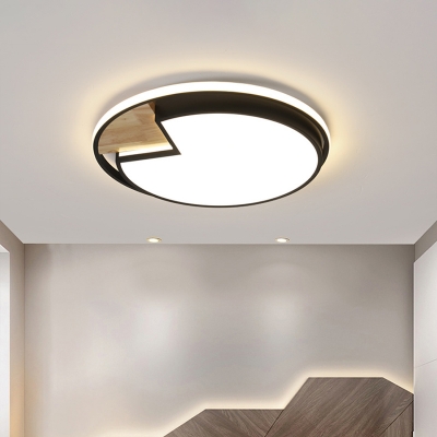 Minimalist Round Ceiling Flush Mount Acrylic LED Bedroom Flush Light in Black with Wood Notch, White/3 Color Light
