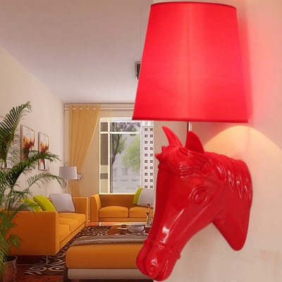 Modern Horse Head Wall Light Resin 1 Bulb Living Room Wall Lamp Kit with Tapered Fabric Shade in Red/Black/White