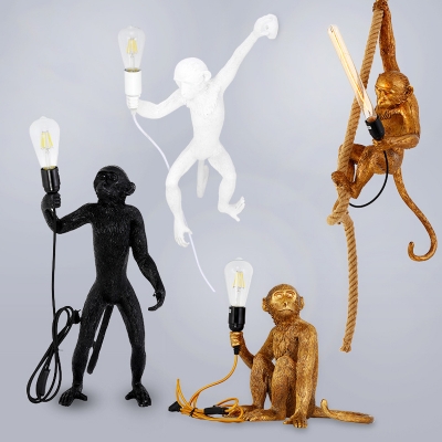 Monkey Boys Bedroom Drop Pendant Resin 1 Bulb Artistry Ceiling Suspension Lamp in Gold with Handmade Hemp Rope
