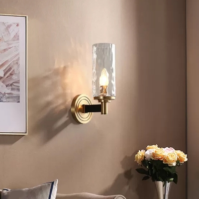 Postmodern 1 Head Wall Light Gold Ball/Cylinder Wall Mounted Lamp with Beveled Cut Crystal/Ripple Glass Shade