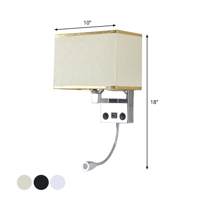 Rectangle Wall Sconce Light Modern Fabric 1 Head Bedroom Spotlight Reading Wall Lamp with USB Port in Black/White/Flaxen