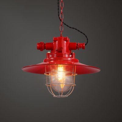 Red/Blue/White 1 Bulb Pendant Lamp Loft Style Iron Saucer Shade Hanging Lamp with Cage and Interior Clear Glass Shade