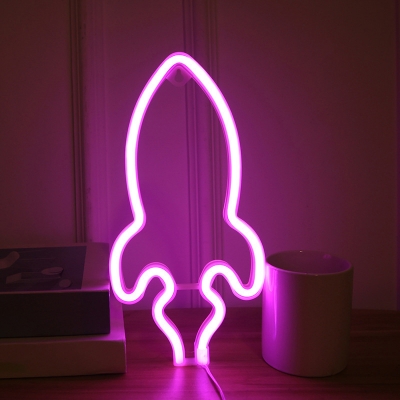 Rocket Shaped Night Lamp Cartoon Plastic Child Room USB LED Wall Lighting in White, Blue/Pink/Red Light
