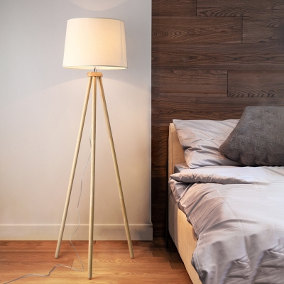 Simple Style Tapered Drum Floor Light Fabric Single Bedside 3-Legged Stand Up Lamp in Wood