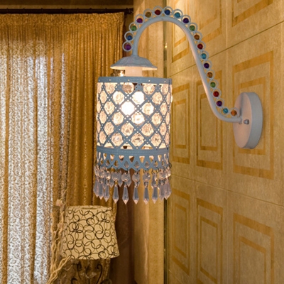 Single-Bulb Cylindrical Wall Lamp Bohemian White/Red Metal Gooseneck Wall Light with Fringe and Embedded Bead