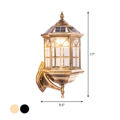 Solar LED Outdoor Wall Lantern Retro Porch Wall Lamp Fixture with Booth Clear Glass Shade in Black/Brass