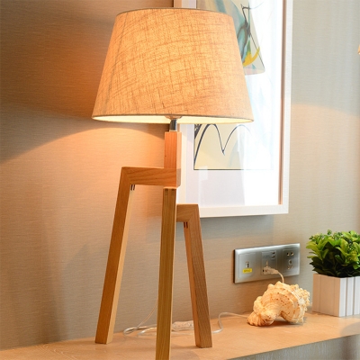 Tapered Table Night Light Minimal Fabric Single White Table Lamp with Wood Tripod Stand