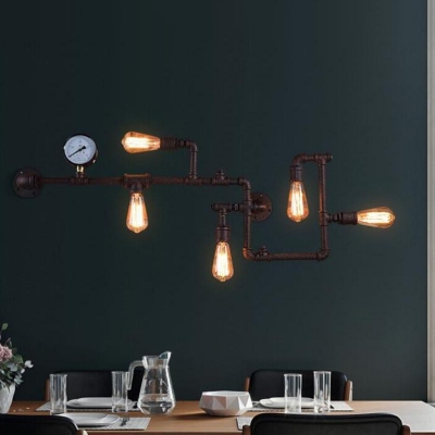 Water Pipe Iron Wall Light Kit Warehouse 5-Light Restaurant Sconce Lamp with Pressure Gauge Deco in Black/Brass/Rust