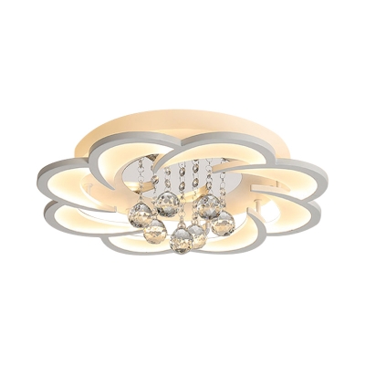 White Layered Flower Ceiling Lamp Modern Acrylic LED Flush Mount Light with Crystal Orb, 20.5