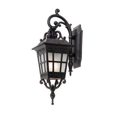 1-Head Tapered Wall Light Fixture Vintage Black Frosted White Glass Sconce Lighting for Garden