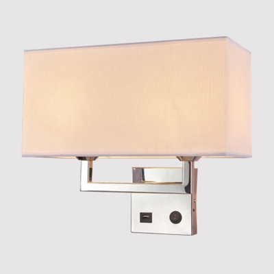 2-Bulb Living Room Wall Light Kit Modern Beige/White Sconce Lamp with Rectangle Fabric Shade and USB Port