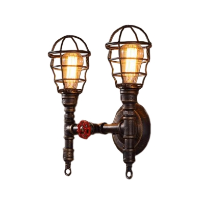2 Heads Piping Wall Light Kit Industrial Bronze Wrought Iron Wall Sconce with Valve and Cage