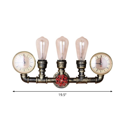 3 Lights Plumbing Pipe Wall Lamp Industrial Bronze Iron Wall Light Kit with Valve and Gauge