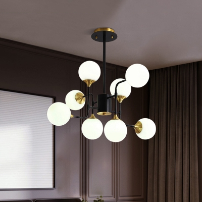 8/12/16 Lights Bedroom Chandelier Postmodern Black-Gold Hanging Light with Ball Milky Glass Shade