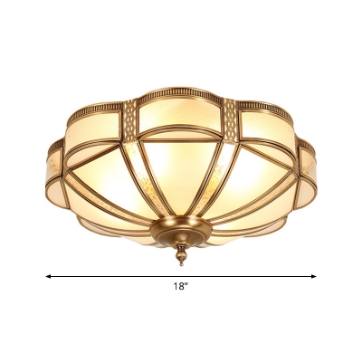 Antiqued Dome Ceiling Lighting 3/4/6 Bulbs Frosted Glass Flush Mount Lamp with Floral Edge in Brass, Small/Medium/Large