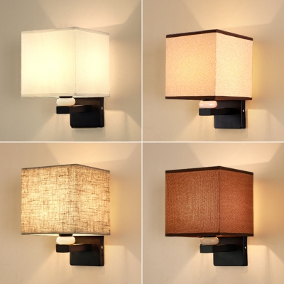 Beige/Coffee/White Square Wall Light Contemporary 1-Light Fabric Sconce Lighting with Ceramic Ornament